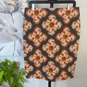 Loft Olive Green Medallion Print Pencil Skirt Zip Back Knee Length Boho Office